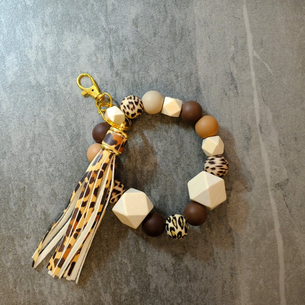 Fun Handmade Beaded Wristlet Keychain, gold, animal print, leather tassel, gift